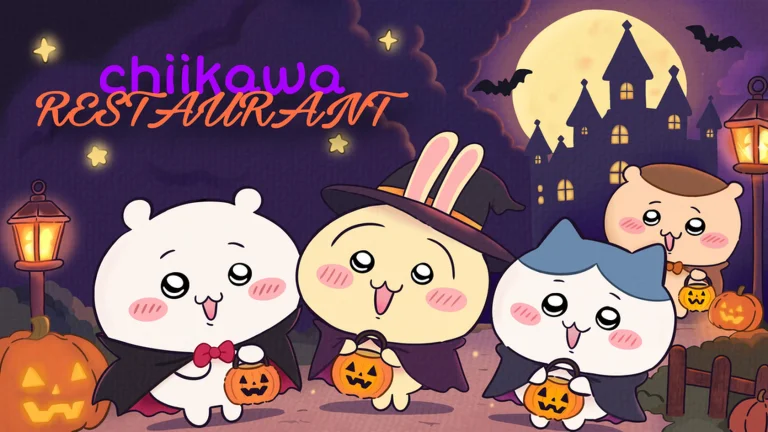 Official Halloween promotional art featuring Chiikawa characters in costumes
