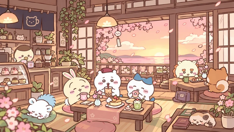 Chiikawa characters sharing food in a warm, blossom-filled restaurant